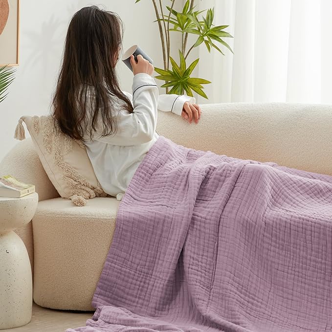 Love's cabin 6 Layer 100% Cotton Muslin Blanket, 60"x80" Twin Muslin Blanket for Couch Bed, Lightweight and Breathable Cotton Gauze for Adult, Lavender