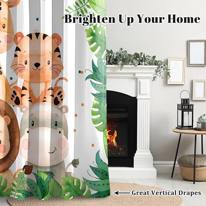 Renaiss 52 x 96 Inch Safari Animal Curtains for Kids Tropical Rainforest Lions Tigers Elephants Giraffes African Jungle Tree Green Leaf Print Window Drapes for Nursery Baby Bedroom Playroom 2 Panels