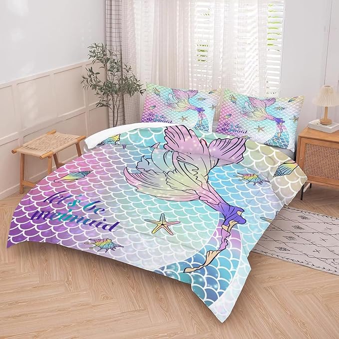 kxry Mermaid Tail Comforter Set King Size Gradient Fish Scales Sea Bedding Sets for Girls Teens Kids Ocean Starfish Conch Soft Microfiber Lightweight Comforter Set with 1 Comforter + 2 Pillow Cases