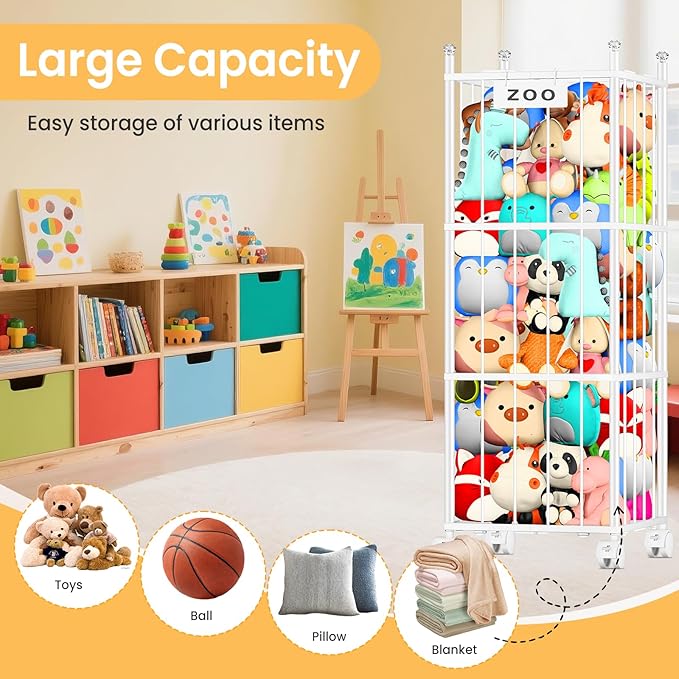 TomCare Extra Large Stuffed Animal Storage Metal Storage Organizer with 4 Lockable Wheels Space Saving Stuffed Animals Holder for Playroom Bedroom