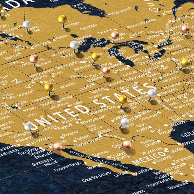 ElephantStock - Personalized Push Pin World Map - Gold Wall Art - Horizontal Canvas Wall Art - Living Room Wall Decor - Digital Art Map Canvas Art - Orange And Blue Decor - 12" x 8"