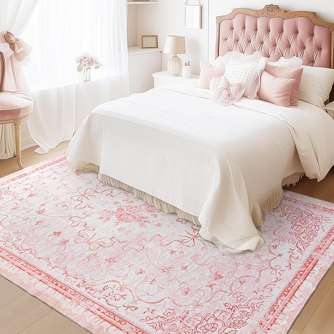 Pink Rug for Bedroom Girl Nursery - Bow Kids Rugs, Cute Coquette Teen Girls Room Decor Aesthetic, Pastel Christmas Rug 5x7, Washable Vintage Cottage Core Area Rugs for Playroom Toddler Baby Dorm