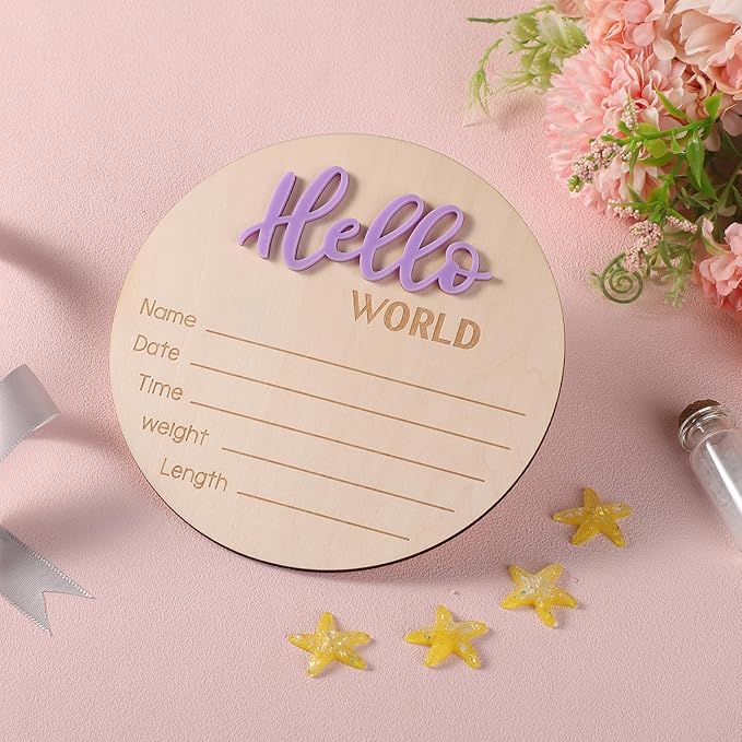 Newborn Announcement Sign, 5.9in Wooden Hello World Sign Baby Welcome Sign Birth Baby Name Plaques for Newborn Boys and Girls Photo Props Baby Shower Hospital Nursery (Light Purple)