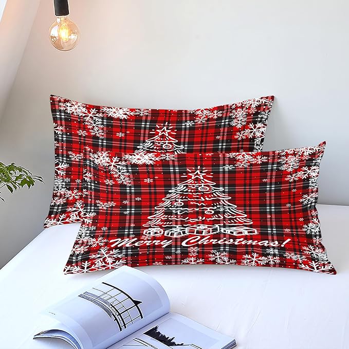 Christmas Duvet Cover Twin Size Black Red Gingham Xmas Bedding Set Kids Boys Girls Christmas Tree Plaid Pattern Soft Comforter Cover 2 Pcs with Zipper Closure (No Comforter)