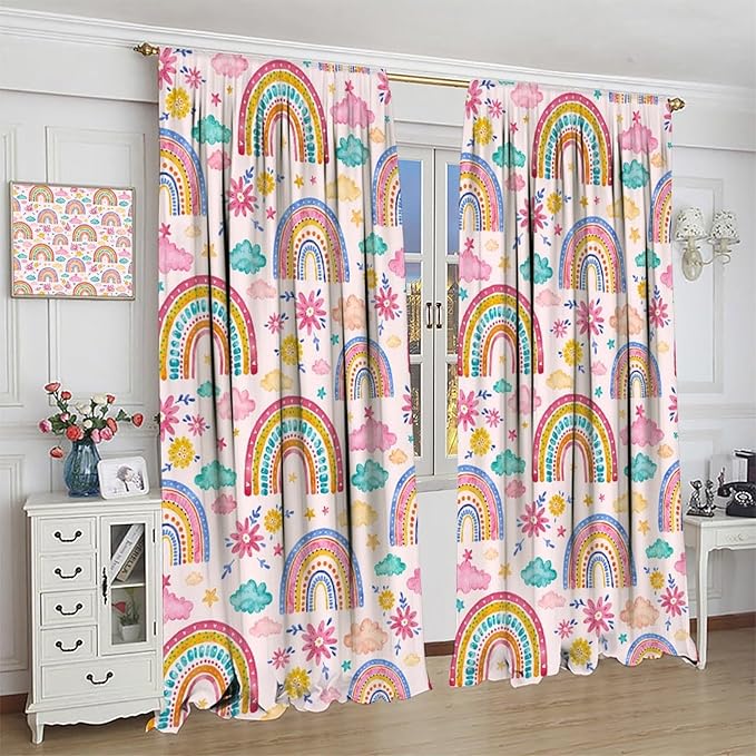 Kids Rainbow Curtains Boho Cartoon Colorful Stars Pink Lovely Rainbow Abstract Art Pattern Print Window Drapes for Bedroom Living Room Kitchen Decor,2 Panel Set,84x84 Inch Blackout