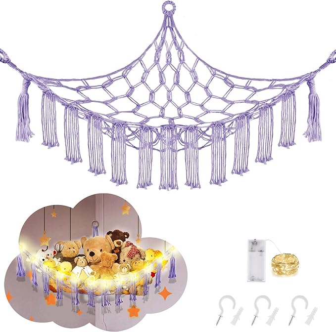 Stuffed Animal Hammock with LED Light, Large Stuffed Animals Storage Corner Plushie Net for Kids Room Decor, Jumbo Purple