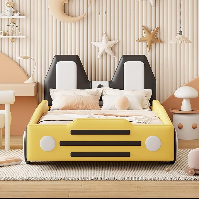 Harper & Bright Designs Twin Size Race Car-Shaped Platform Bed with Wheels,Yellow