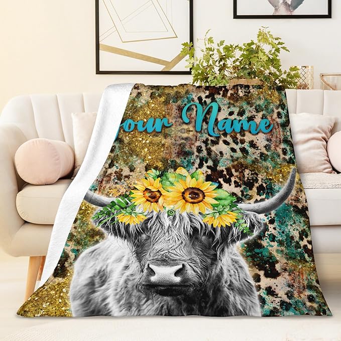 Personalized Blanket Gifts for Women Girls - 60x50 Inches Cute Highland Cow Throw Blanket for Kids Teens Adults - Dark Soft Flannel Vintage Blankets for Bed Couch Travel