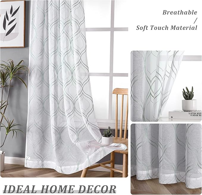 VISIONTEX White Sheer Curtains 108 Inches Long 2 Panels Set Green Moroccan Embroidered Curtains Trellis French Textured Rod Pocket Voile Tulle Semi Window Drapes for Bedroom Living Room 54 x 108 Inch