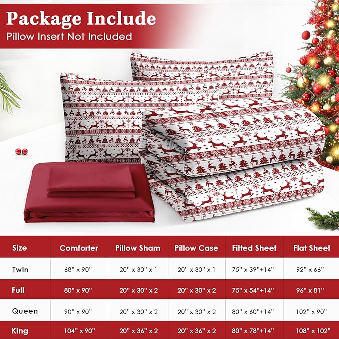 7 Pcs Full Size Christmas Comforter Set with 2 Pillowcases & 2 Shams, Red Winter Funny Reindeer Bedding for Kids and Adults, Pine Tree Snowflake Bed in a Bag with Flat Fitted Sheet