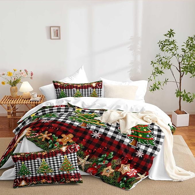 Christmas Duvet Cover Queen Size Black White Gingham Bedding Set 3 Pcs Kids Boys Girls Red Plaid Grid Christmas Tree Gingerbread Man Comforter Cover with Zipper Closure (No Comforter)