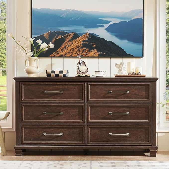 Farmhouse Bedroom Dresser and Nightstand Set of 4, 6 Drawer Low & 5 Drawers Dresser & 3 Drawer Nightstand Set with Wooden Legs, Rustic Wood Furniture for Bedroom, Hallway, Walnut