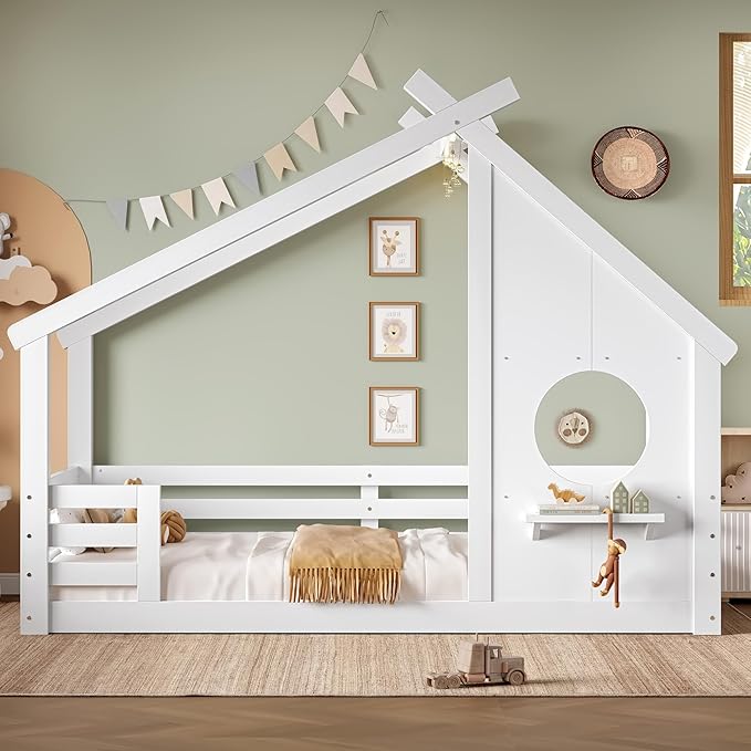 SOFTSEA Twin Size House Bed Frame, Kids Floor House Bed with Window and with Storage Shelf for Boys Girls, Wood Montessori Bed with Slats and Guardrails, White