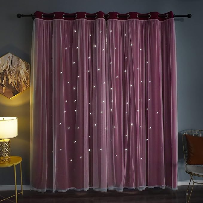 Kinryb Kids Blackout Curtains for Bedroom/Living Room/Classroom, Sheer Overlay 2 Free Tiebacks, Double Layer Curtains with Star Cutout for Kids Room(Each Piece W 70 x L 72 Inches 2 Pcs Red)