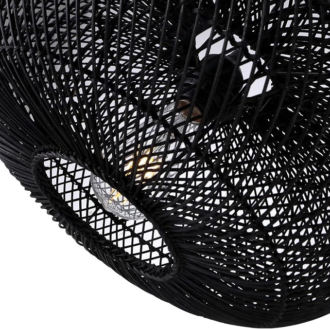 Rattan Pendant Light 15.75" 1-Light Hand-Woven Bamboo Rattan Hanging Lamp Large Globe Wicker Chandelier Modern Bohemian Adjustable Pendant Lamp for Kitchen Island Farmhouse Outdoor Porch Black.…