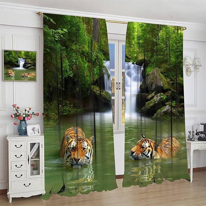 Forest Waterfall Landscape Blackout Window Curtains, Animals Tigers Waterfall Woodland Natural Window Drapes, for Living Room Bedroom 42" W X 45" L