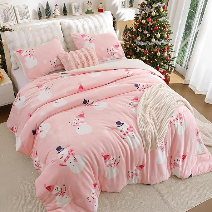 JANZAA Christmas Comforter Set Queen, Pink Flannel Comforter with Snowman Pattern, Soft Cozy Lightweight Bedding Set Fluffy Comforter Set 1 Queen Comforter(90"*90") and 2 Pillowcases (20"*26")