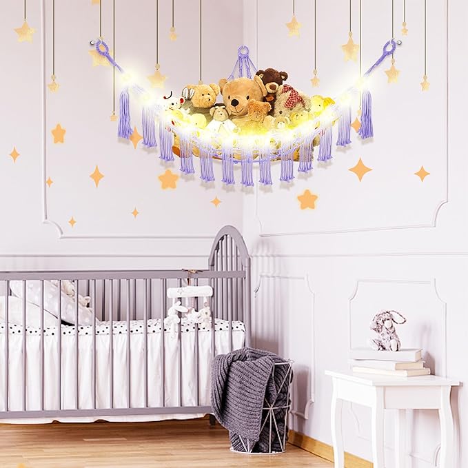 Stuffed Animal Hammock with LED Light, Large Stuffed Animals Storage Corner Plushie Net for Kids Room Decor, Jumbo Purple