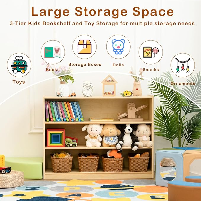 3 Tier Montessori Shelf 30in Toy Storage Shelf Birch Wood Kids Bookshelf Classroom Storage Shelves Low Bookcase Book Shelf for Kids Room Nursery Playroom Daycare Preschool, Natural