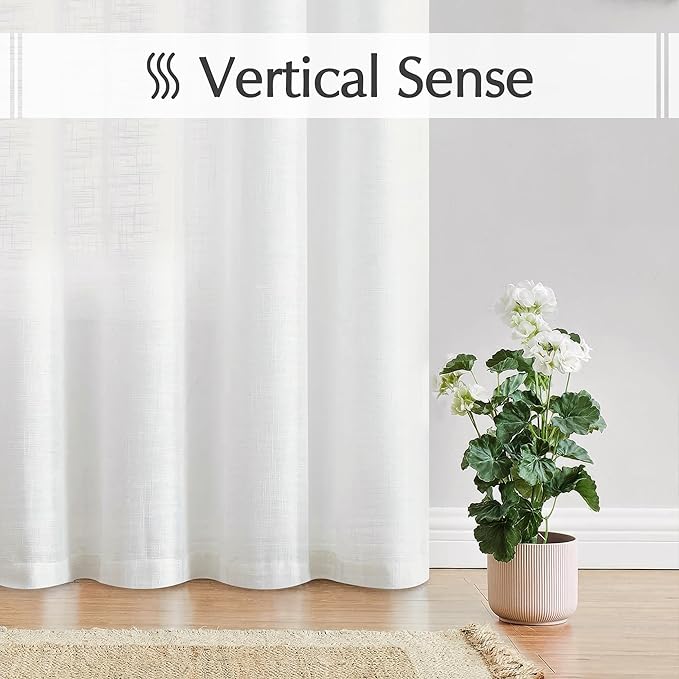 FMFUNCTEX Linen Semi Sheer White Curtains for Bedroom Living Room, Curtain Panels 63 Inch Length Sheer Linen Textured Window Drapes Farmhouse Light Filtering 2 Panels Rod Pocket