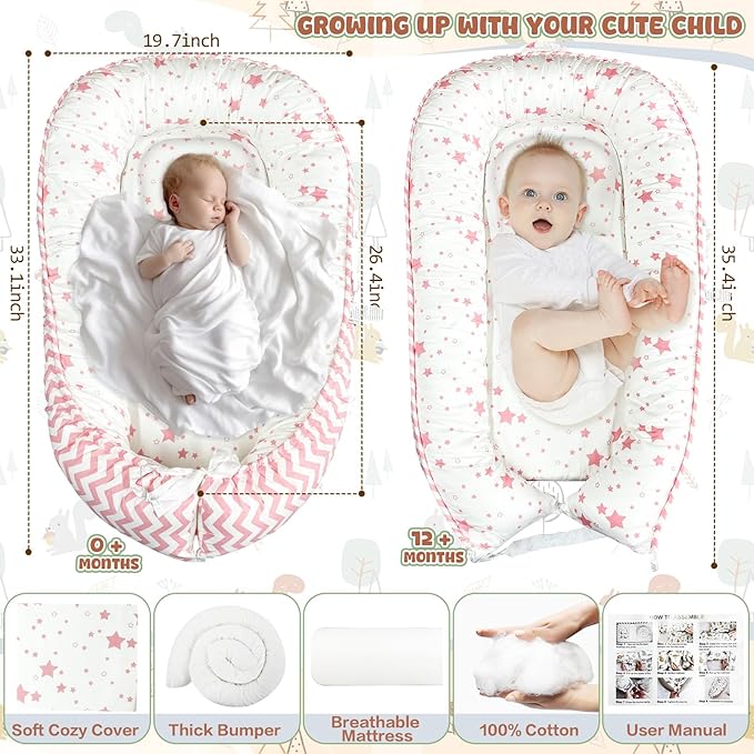 JIFTOK Baby Nests Lounger for Newborn, Snuggle Bassinet for 0-24M, Breathable Portable Co Bed, Baby Essentials Adjustable Infant Soft Cotton Loungers for Home & Travel -Pink Star