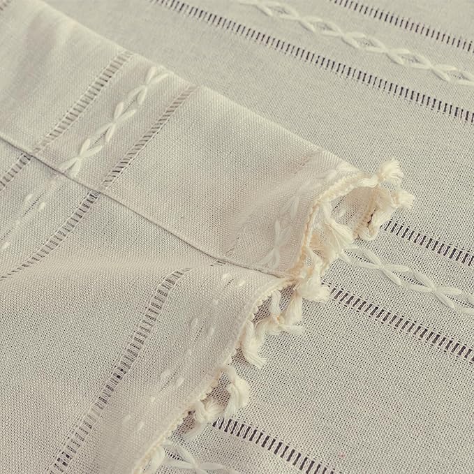 Deeprove Ivory Boho Curtain 63 Inches Length for Kitchen Closet Cafe Decor, Bohemian Hollow Chic Style Tassels, Vintage Farmhouse Country French Window Treatment Drape, Rod Pocket, 1 Panel W52x L63