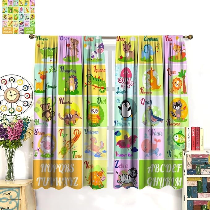 Kids Alphabet Letter Curtains Funny Education School Cute Cartoon Animal Printed Curtain with Rod Pocket for Bedroom Living Room Home Drapes Window Treatments 2 Panels Set 84" W X 84" L