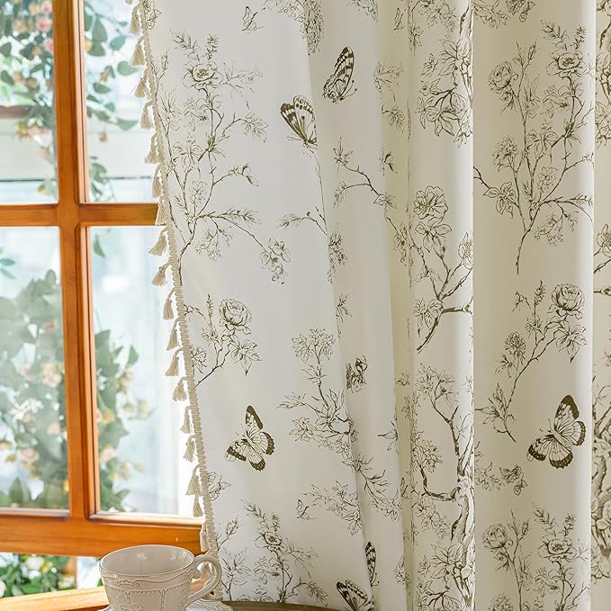 ENJOYBRIDAL Floral Curtains 84 Inch Long Boho Semi Sheer Drapes 2 Panels Bedroom Living Room Farmhouse Window Curtain Panels Floor Length Rod Pocket French Country Vintage Cute Window Treatments