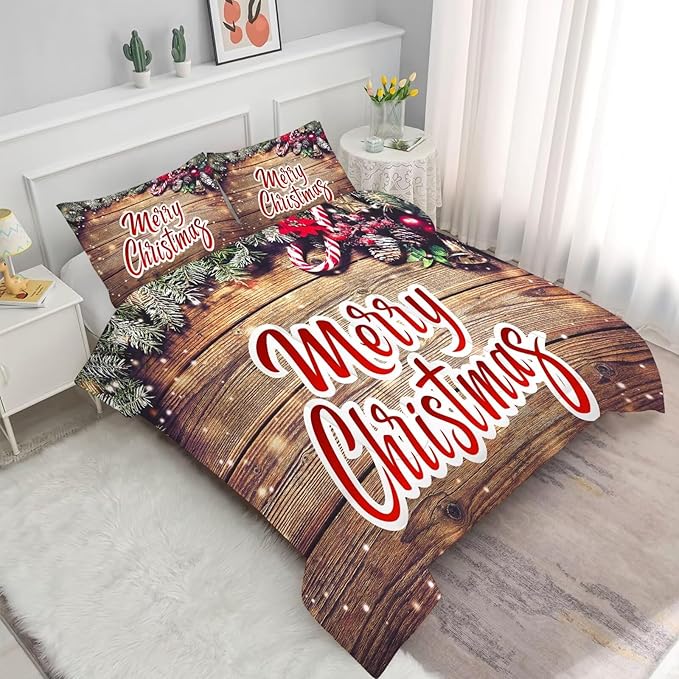 Christmas Comforter Set Queen: Christmas Wood Grain Bedding Sets Festival Gift Xmas for Girls Women Teens Bedroom Quilt Set 1 Comforter & 2 Pillowcases