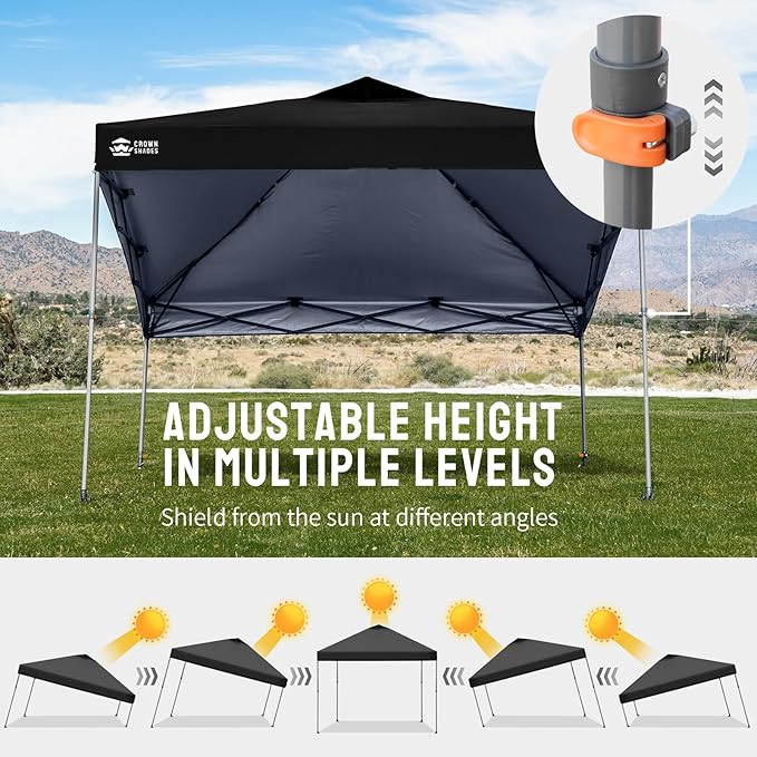 CROWN SHADES Adjustable Height on The Fly, 10x10 Pop Up Canopy - Beach Tent with One Push Setup - Easy Outdoor Sun Shade for Events, Parties, Camping - Outside Shade with STO-N-Go Bag, Black