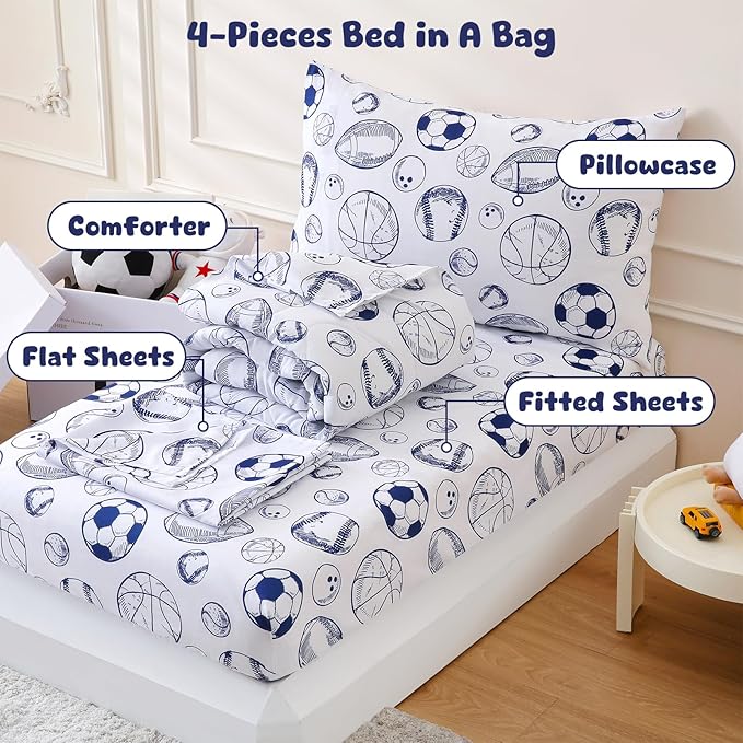 LONAVA Toddler Kids Comforter Set - 4 Pieces Toddler Bedding Sets for Boys Girls Children, Ultra Soft Microfiber Bed in A Bag with Flat Fitted Sheets, Ball Sports