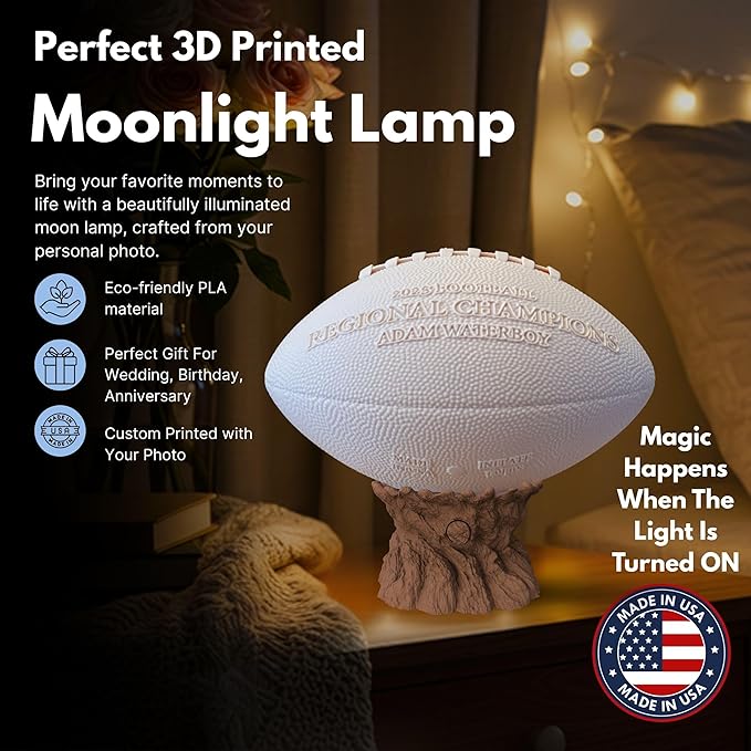 Personalized American Football Lamp with Custom Photo & Text – Sports Night Light for Kids & Adults | Boys Room Decor | Gamer Desk Light | Football Gift for Players, Fans & Coaches