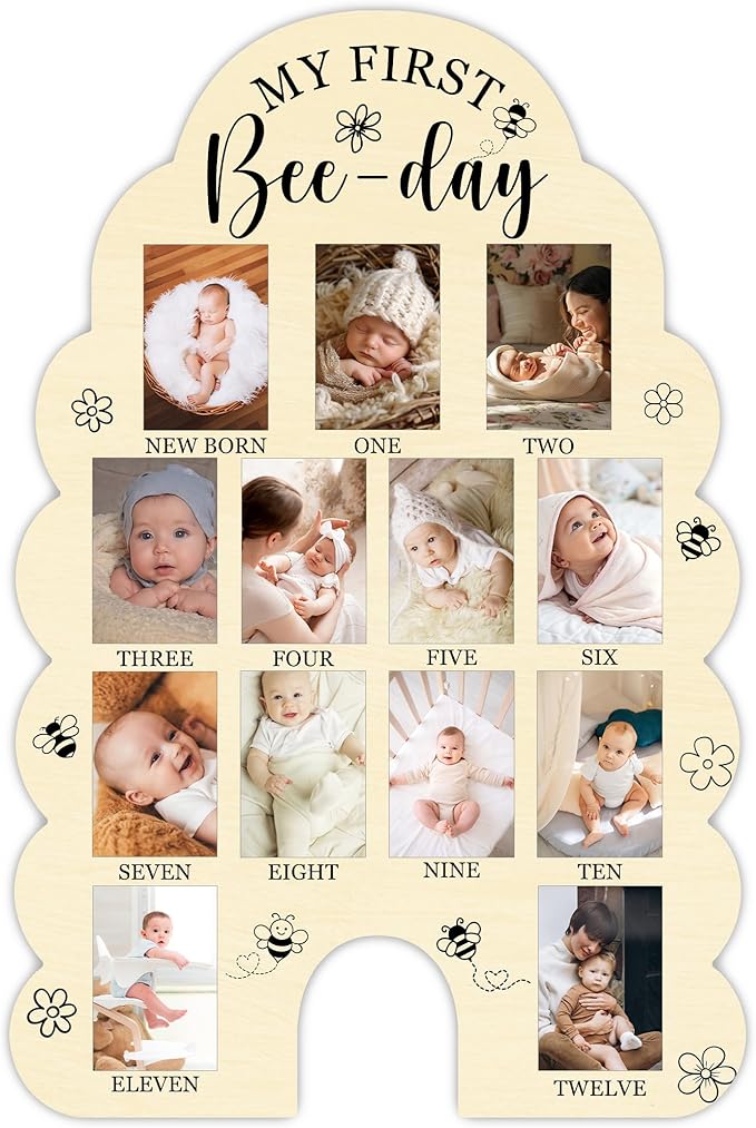 My First Year Photo Board, My First Bee-Day Baby Milestone Signs for Boys Girls Nursery Decor, 12 Month Wooden Picture Board for 2x3 Photos, Best Babies Keepsake Gifts-A30