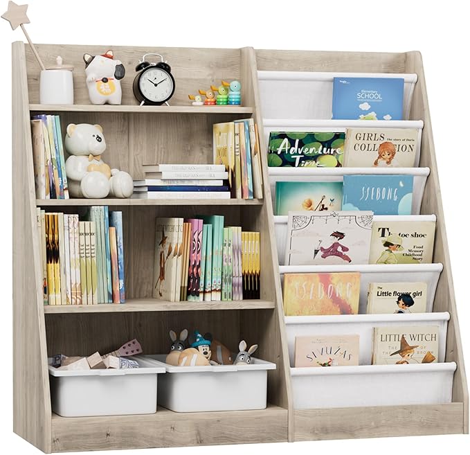 NACHES 4 Tier Kid Bookshelf Wooden 6 Sling Children Bookcase Toddler Montessori Book Rack Display Toy Storage Organizer Adjustable Book Shelf Classroom Bedroom Nursery Playroom (Grey Wood, Large)