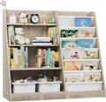 NACHES 4 Tier Kid Bookshelf Wooden 6 Sling Children Bookcase Toddler Montessori Book Rack Display Toy Storage Organizer Adjustable Book Shelf Classroom Bedroom Nursery Playroom (Grey Wood, Large)