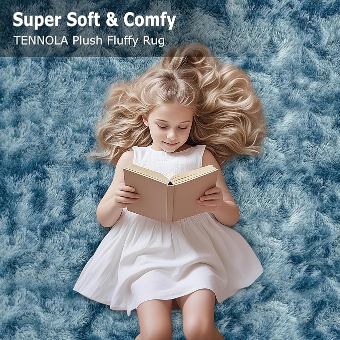 Modern Plush Shaggy 8x10 Large Rug for Living Room Tie Dyed Blue Fluffy Fuzzy Area Rug for Bedroom Aesthetic Big Shag Carpet for Nursery, Playroom, Kids Boys Girls Room