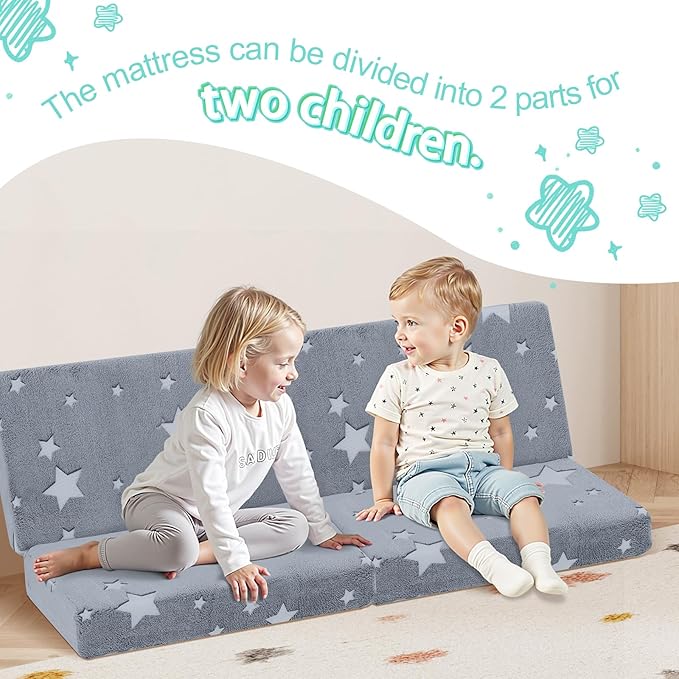 MeMoreCool Foldable Floor Mattress for Kids, Glow Toddler Nap Mat for Sleeping and Daycare, Portable Trifold Futon Mattress Floor Bed, Star