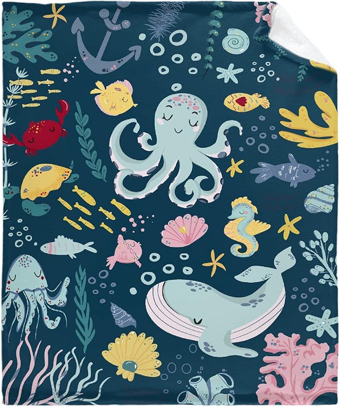 Thuswarm Cute Blue Sea Creatures Octopus Whale Flannel Blanket for Autumn Winter Gifts Warm Cozy Soft Funny Print Throw for Bed Couch Sofa 80”×60” Large for Adult