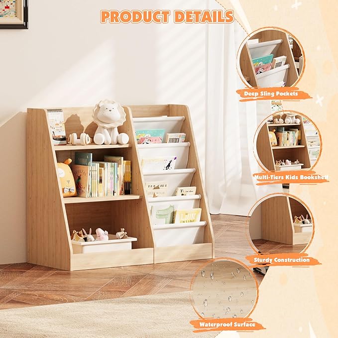 NACHES 3 Tier Kid Bookshelf Wooden 4 Sling Children Bookcase Adjustable Toddler Montessori Rack Display Toy Storage Organizer Book Display Shelf Classroom Bedroom Nursery Playroom, 25inch(Burlywood)