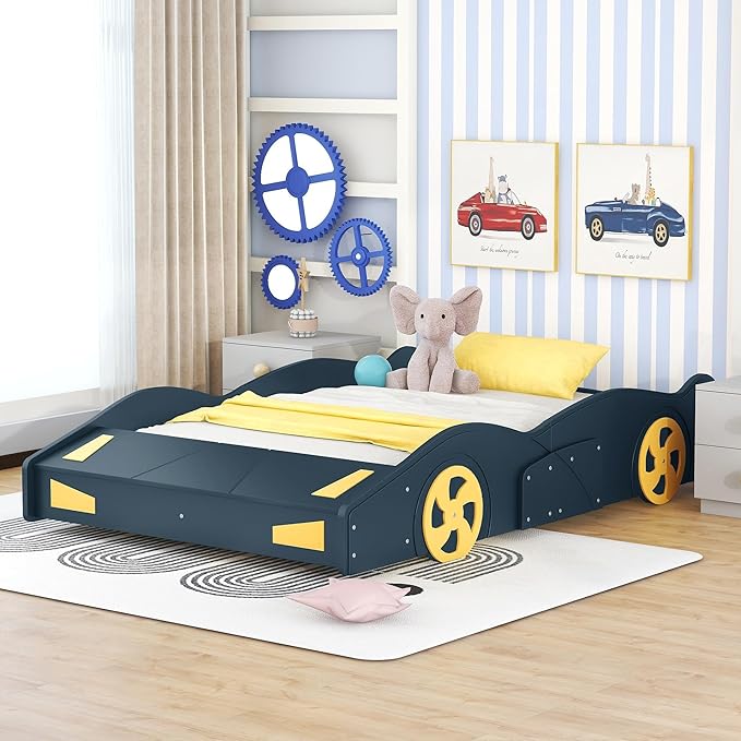 Harper & Bright Designs Full Size Race Car-Shaped Platform Bed with Wheels and Storage, Dark Blue+Yellow