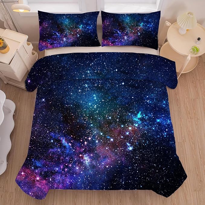 kxry Blue Purple 3D Galaxy Comforter Set King Size Outer Space Starry Sky Universe Bedding Sets for Girls Teens Kids 1 Comforter + 2 Pillow Cases