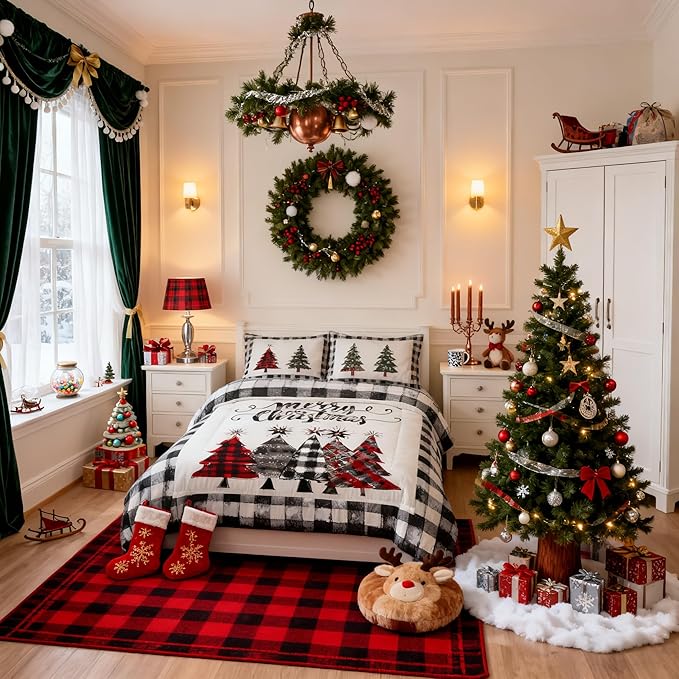 Christmas Trees Kids Comforter Set Twin Size,Geometric Grids Ink Tie-dye Bedding,Girls Boys Adults Bedroom/Xmas Cabin Decor,Rustic Vintage Down Comforter,Black Grey Retro Duvet Insert,1 Pillowcase