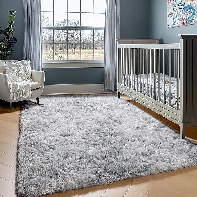 ONASAR 8x10 Area Rugs for Living Room, Tie-Dyed Light Grey Large Fluffy Shag Bedroom Rug, Washable Soft Plush Thick Shaggy Big Floor Carpet for Kids Boy and Girls Teen Dorm Nursery Indoor Home Decor