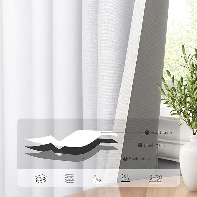 Pitalk 100% Blackout Curtains for Bedroom White 100 Inch Length Living Room Black Out Shades Faux Linen Designer Custom Drapes for Windows Treatments Thermal Insulating 100 Inches Long 2 Panels 2Pcs