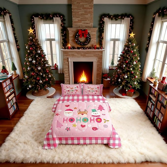 Merry Christmas Kids Comforter Set Twin Size,Cartoon Santa Claus Snowman Deer Bedding Set,Boys Girls Adults Room Decor,Geometric Grids Fashion Down Comforter,Pink Xmas Duvet Insert,1 Pillowcase