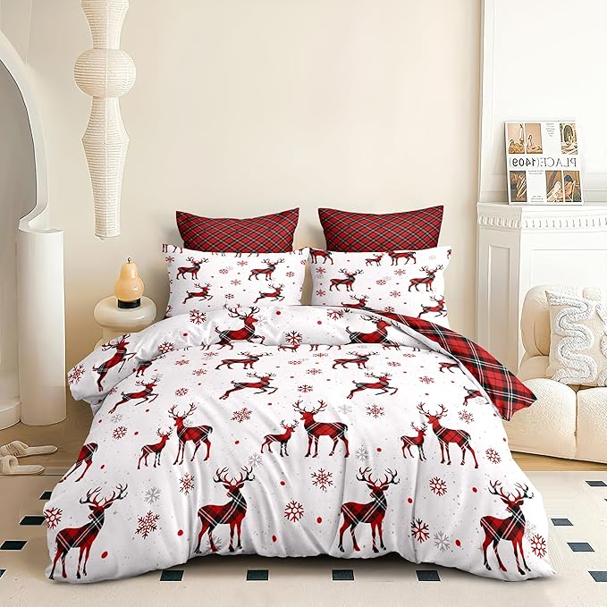 Christmas Duvet Cover King Size Red Gingham Christmas Deer Bedding Set Kids Boys Girls Grid Checked Xmas Snowflake Elk Comforter Cover 3 Pieces with Zipper Closure (No Comforter)