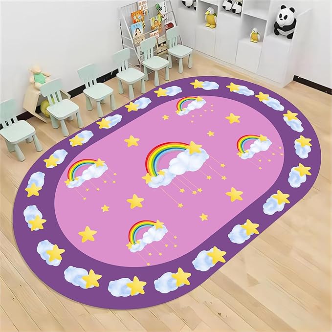 Rainbow Stars Kids Rug, 5x7ft, White Clouds Yellow Stars Pattern Oval Rug, Cute Soft Indoor Carpet for Girls Bedroom, Non-Slip Washable Low Pile Floor Mats for Classroom Nursery Playroom