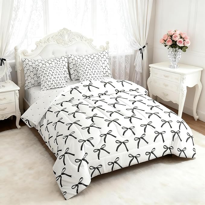 7 Pieces Cartoon Bowknot Kids Comforter King Size,Bow Tie Geometric Patchwork Modern Bedding Set,Bow Butterfly Knot Black White Simple（Comforter+Fitted+Flat+2 Pillowcases+2 Throw Pillow Covers）