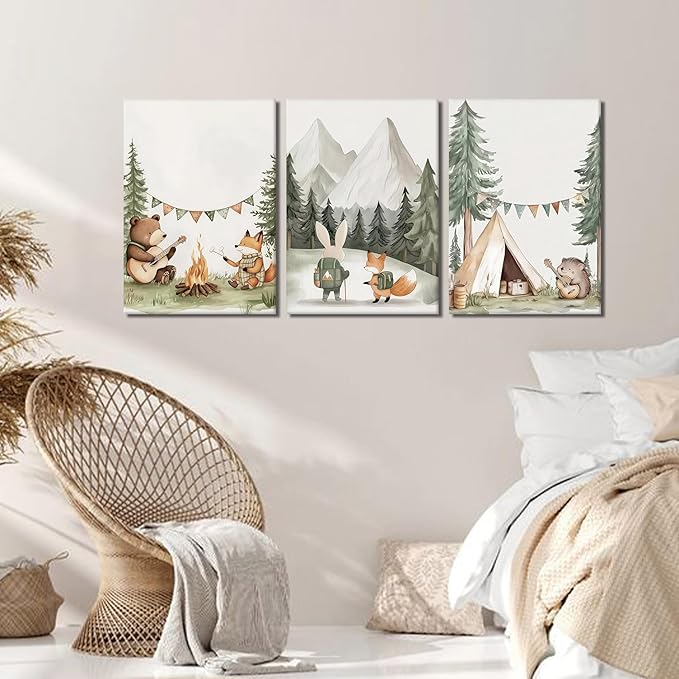 AKWISH Nursery Woodland Animals Canvas Wall Art, Cute brave Bear Fox Rabbit Hedgehog Nursery Wall Decor, Framed Wildlife Camping Picture Prints for Kids Room Baby Bedroom – 12x16in
