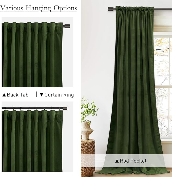 StangH Moss Green Velvet Curtains 108 inches - Luxury Christmas Decor Room Darkening Thermal Insulated Window Drapes for Dining Room/Patio Door, W52 x L108, 2 Panels